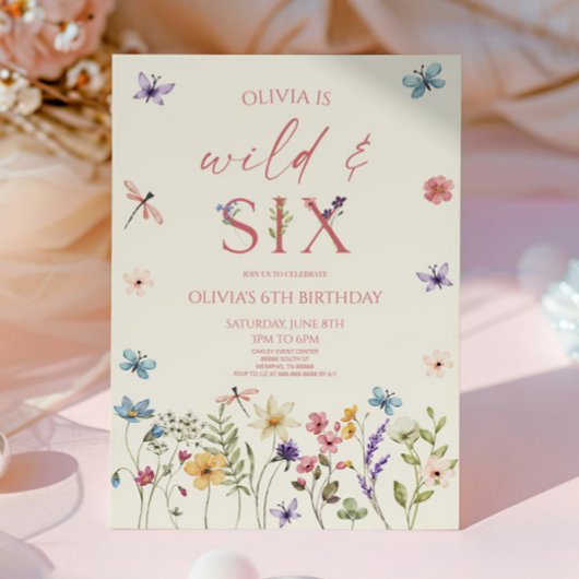 Invitation Wild & Six Wildflower Floral 6th Birthday Party