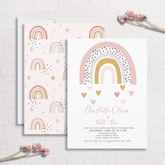 Invitation Wild & Three Muted Rainbow Girl's Birthday Party