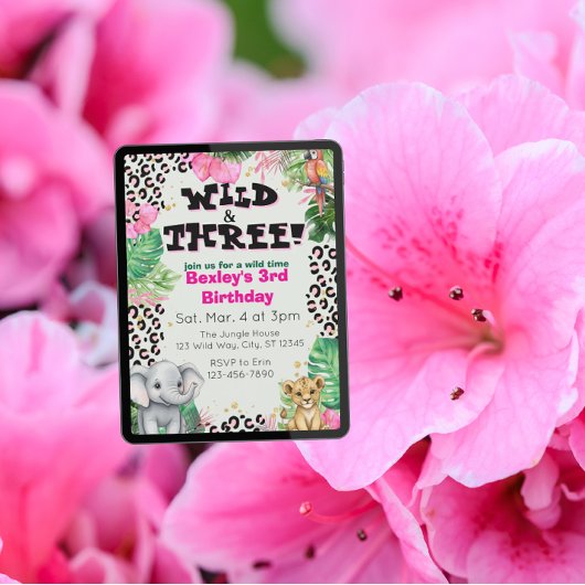 Invitation Wild & Three Pink Jungle Birthday
