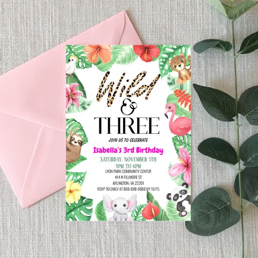 Invitation Wild & Three Tropical Animal 3ème fête d'anniversa