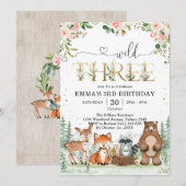 Invitation Wild Three Woodland Party Animals 3rd Birthday (Devant / Derrière)