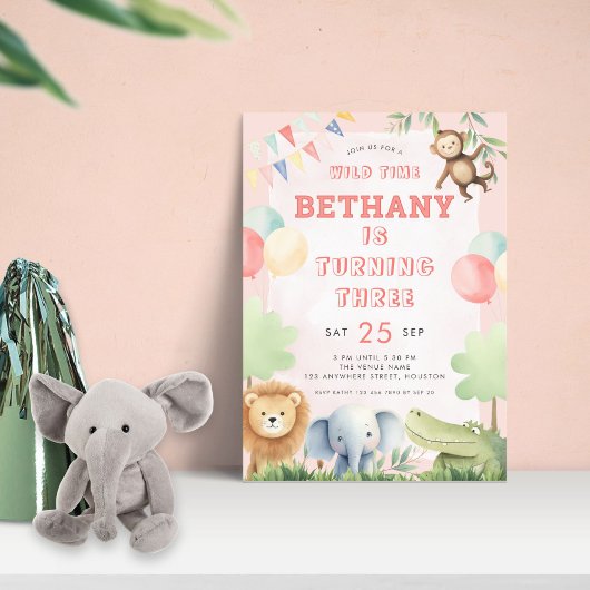 Invitation Wild Time Jungle 3e anniversaire fête rose
