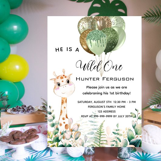 Invitation Wild un 1er anniversaire girafe luxe jungle