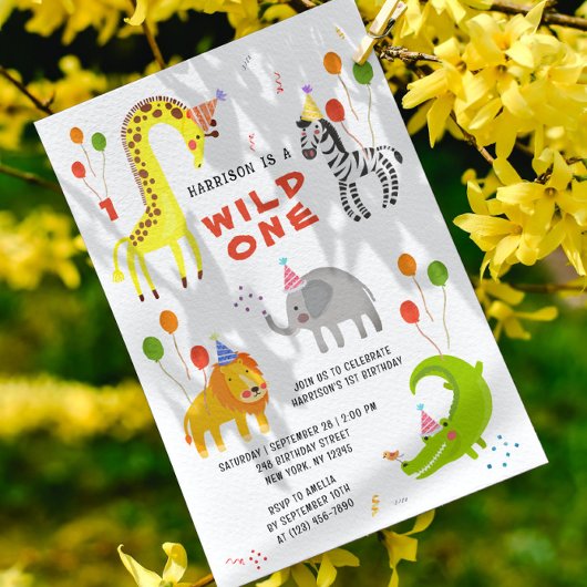Invitation Wild Un 1er anniversaire Safari Animaux mignonette