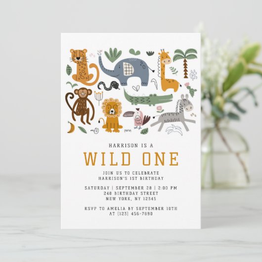 Invitation Wild Un 1er anniversaire Safari Animaux mignons En (Debout devant)