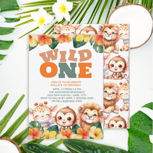 Invitation Wild Un 1er anniversaire Safari Lion Giraffe Monke