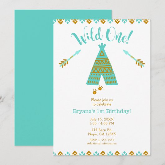 Invitation Wild Un 1er anniversaire Turquoise & Gold Tepee Pa (Devant / Derrière)