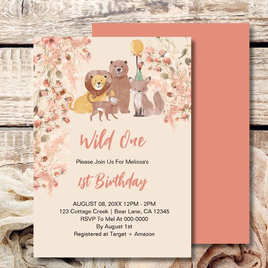 Invitation Wild Un premier anniversaire Boho Safari rose Blus
