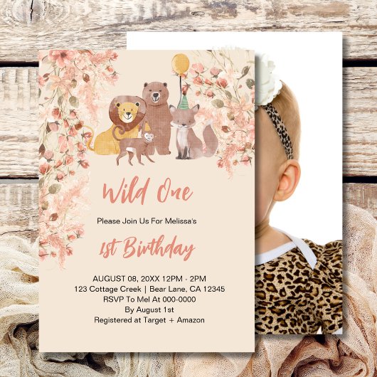 Invitation Wild Un premier anniversaire Boho Safari rose Blus