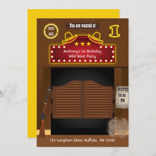 Invitation Wild West Cowboy 1er anniversaire (Devant / Derrière)