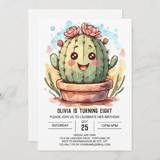 Invitation Wild West Elegant Aquarelle Cactus Fille Anniversa (Devant / Derrière)