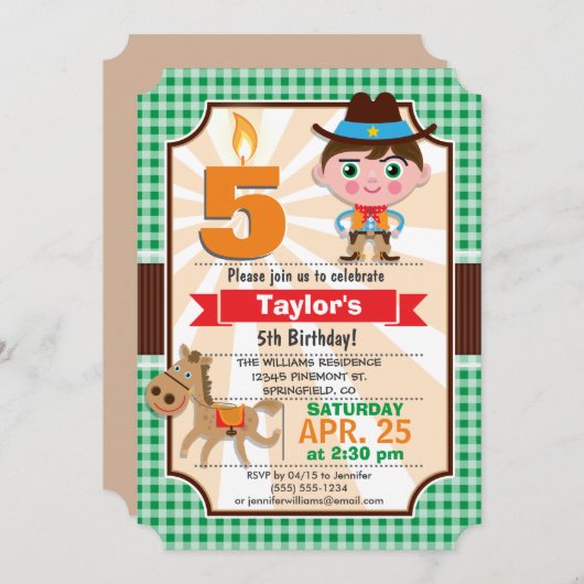 Invitation Wild West Sheriff Boy ; fête d'anniversaire verte (Devant / Derrière)