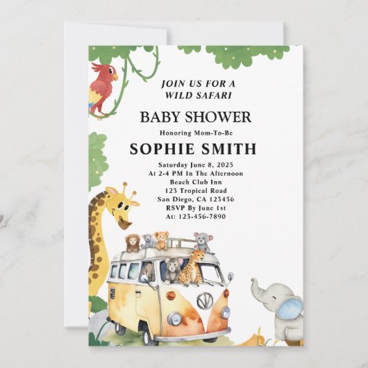 Invitation Wild Wheels Safari Animal Camper Van Baby shower (Devant)