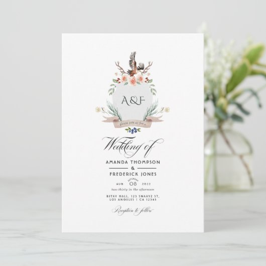 Invitation Wild Woodland Laurel Crest QR Code RSVP Mariage (Debout devant)