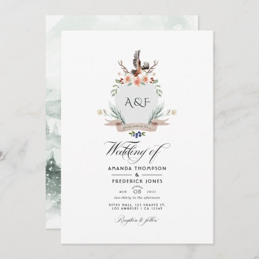 Invitation Wild Woodland Laurel Crest QR Code RSVP Mariage (Devant / Derrière)