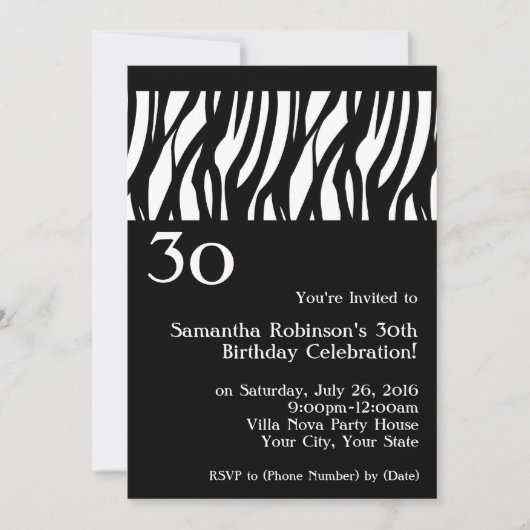 Invitation Wild Zebra Noir avec blanc 30e réception Invitatio (Devant)