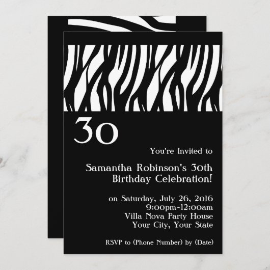 Invitation Wild Zebra Noir avec blanc 30e réception Invitatio (Devant / Derrière)