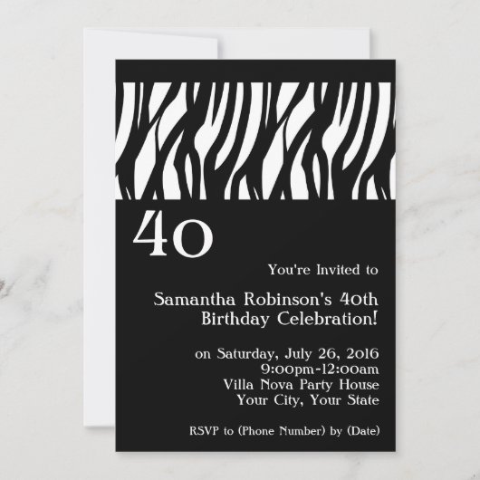 Invitation Wild Zebra Noir avec blanc 40e réception Invitatio (Devant)