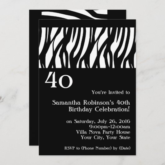 Invitation Wild Zebra Noir avec blanc 40e réception Invitatio (Devant / Derrière)