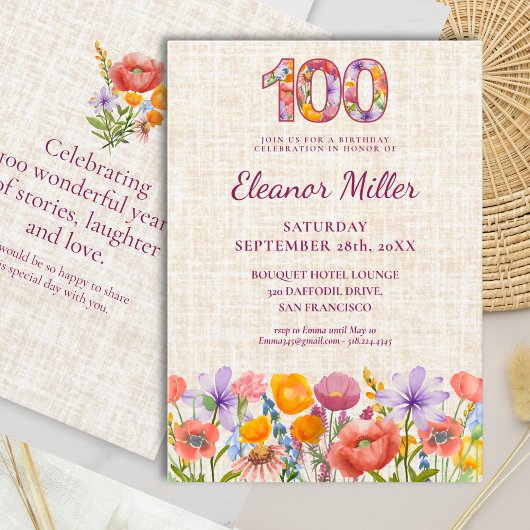 Invitation Wildflower 100th Birthday Party - Floral Number