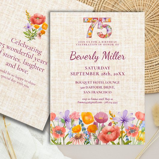 Invitation Wildflower 75th Birthday Party - Floral Number 