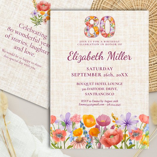 Invitation Wildflower 80th Birthday Party - Floral Number