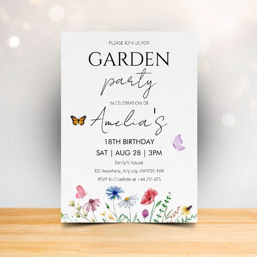 Invitation Wildflower Birthday Garden Party Pink Butterflies