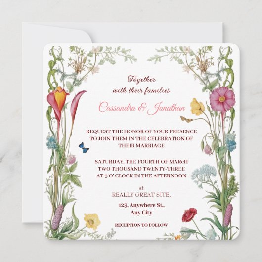 Invitation Wildflower Botanical Flowers & Butterflies Wedding (Devant)