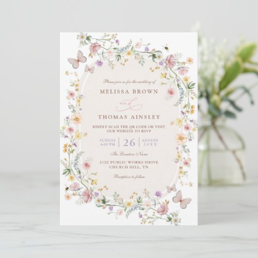 Invitation Wildflower Butterfly Garden QR Code Wedding (Debout devant)