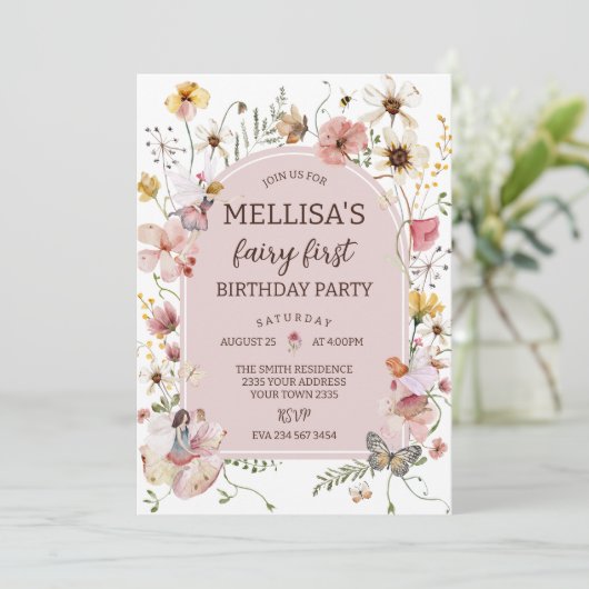 Invitation Wildflower Fairy 1st Birthday Princess Party (Debout devant)