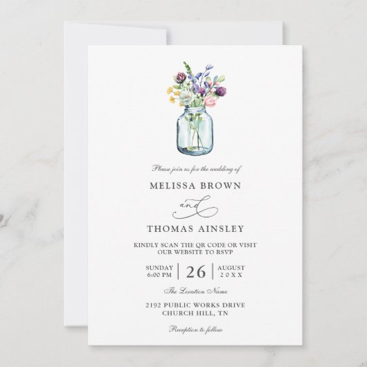 Invitation Wildflower Mason Jar Rustic Budget QR Code Wedding (Devant)