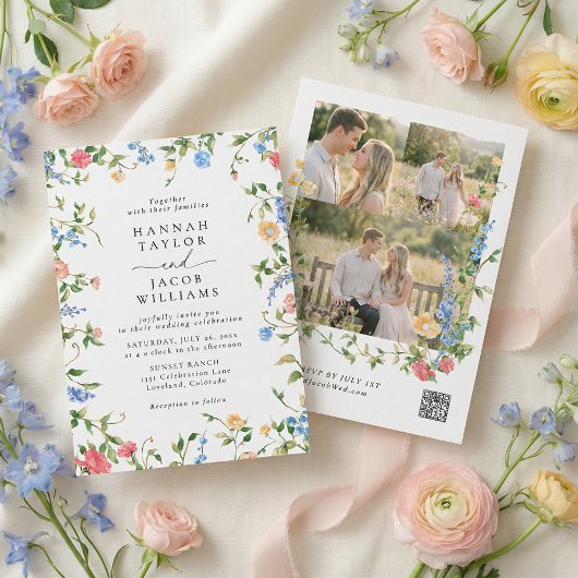 Invitation Wildflower Meadow Three Photo RSVP Wedding