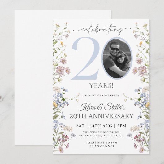 Invitation Wildflower Photo 20e Anniversaire (Devant / Derrière)