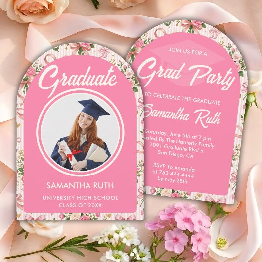 Invitation Wildflower Pink Striped Bows & Ribbons Graduation