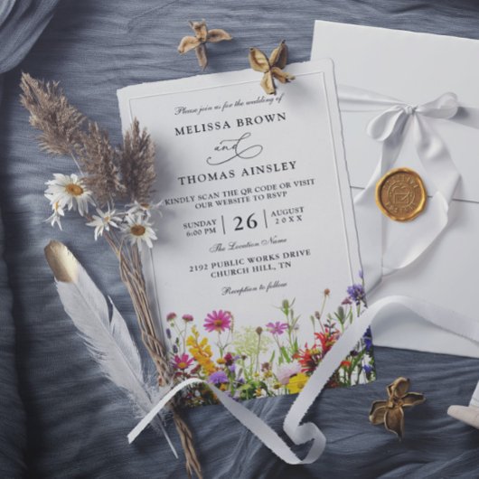 Invitation Wildflowers Elegant Modern Budget QR Code Wedding