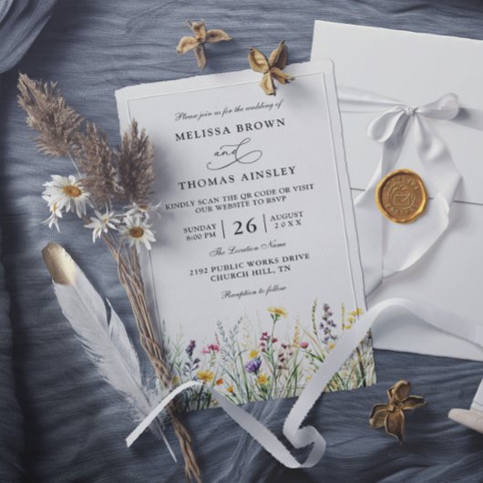 Invitation Wildflowers Elegant Modern Budget QR Code Wedding