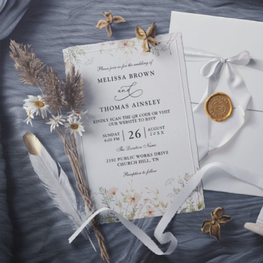 Invitation Wildflowers Elegant Modern Budget QR Code Wedding
