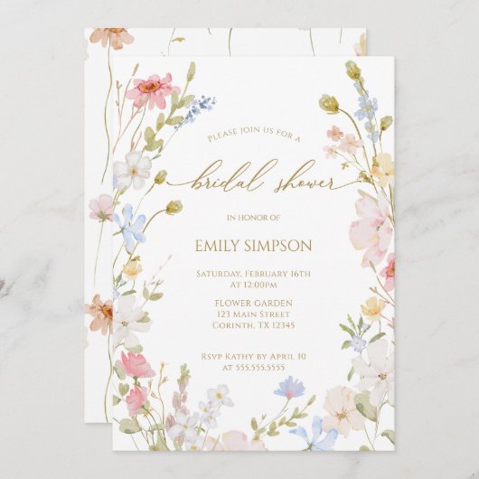 Invitation Wildflowers elegant modern Spring Bridal Shower (Devant / Derrière)