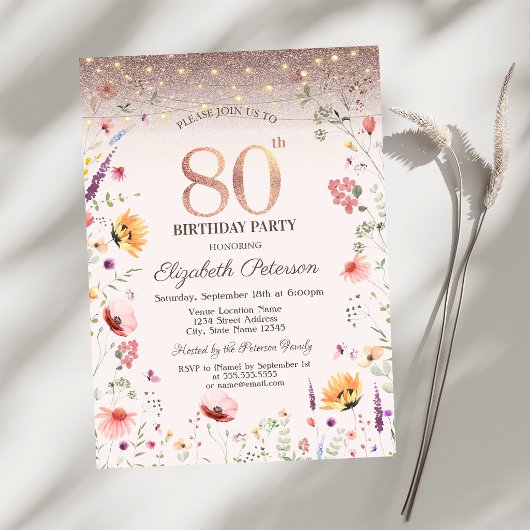 Invitation Wildflowers Glitter String Lights 80th Birthday  