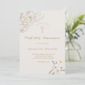 Invitation wildflowers grey beige background First Communion (Debout devant)