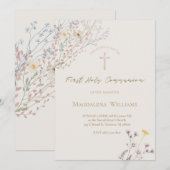 Invitation wildflowers grey beige background First Communion (Devant / Derrière)