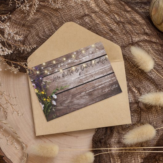 Invitation Wildflowers on Wood String Lights Rustic Wedding