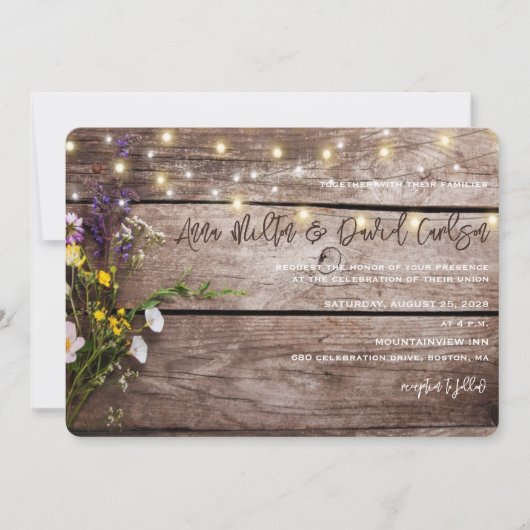 Invitation Wildflowers on Wood String Lights Rustic Wedding (Devant)