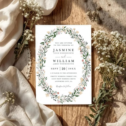 Invitation Wildflowers Oval Floral Wreath QR Code Wedding