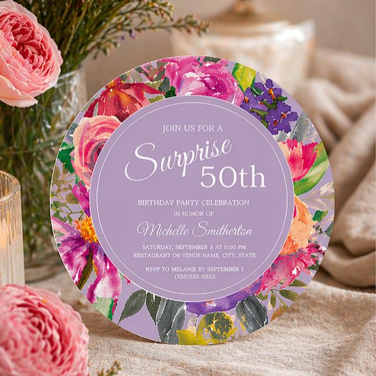 Invitation Wildflowers Purple Pink 50th Birthday