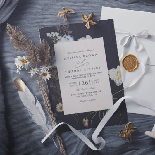 Invitation Wildflowers Rustic Boho Elegant QR Code Wedding
