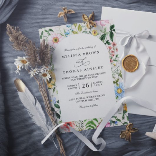 Invitation Wildflowers Rustic Elegant Modern QR Code Wedding