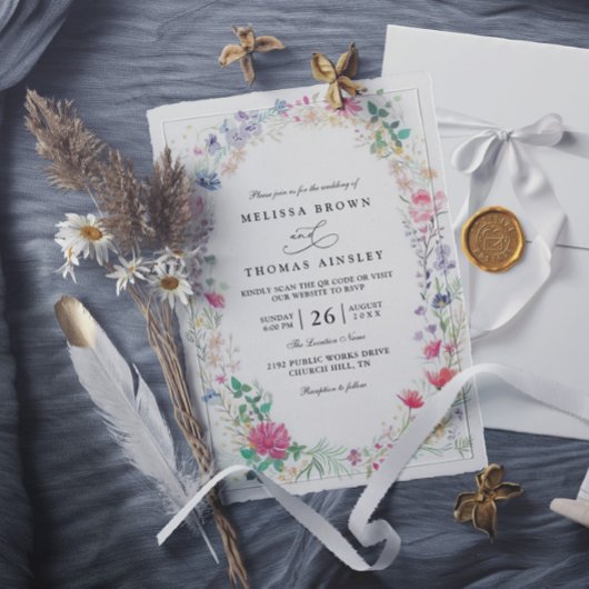 Invitation Wildflowers Rustic Elegant Modern QR Code Wedding