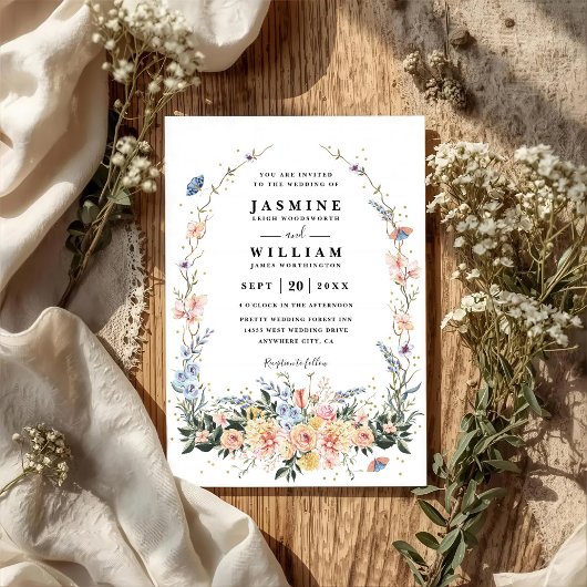Invitation Wildflowers Rustic Spring Dusty QR Code Wedding