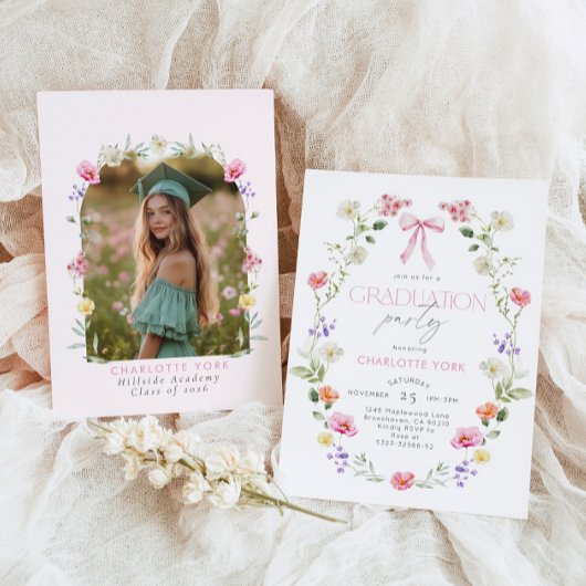 Invitation Wildlfower Graduation party Pink Bow